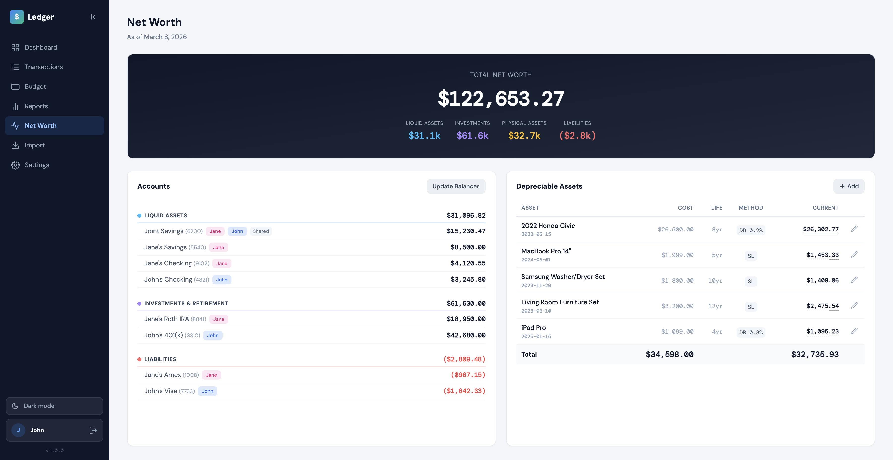 Ledger net worth screenshot