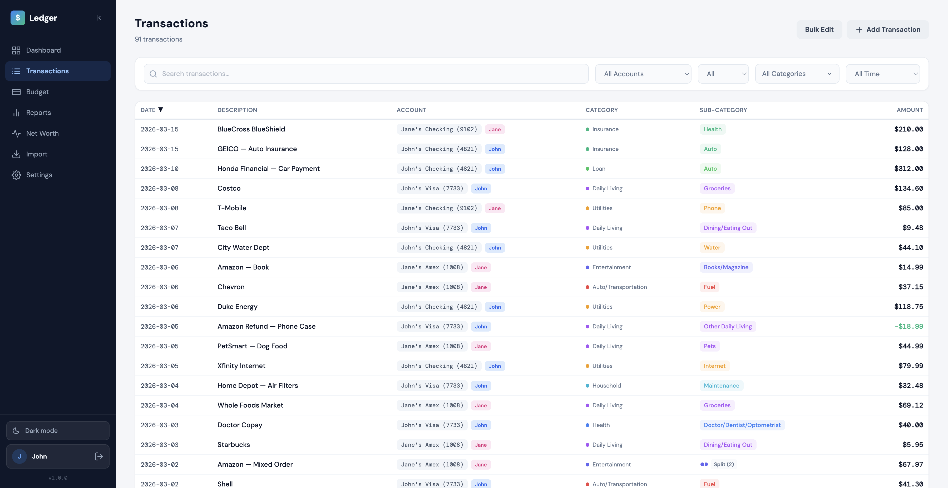Ledger transactions list screenshot